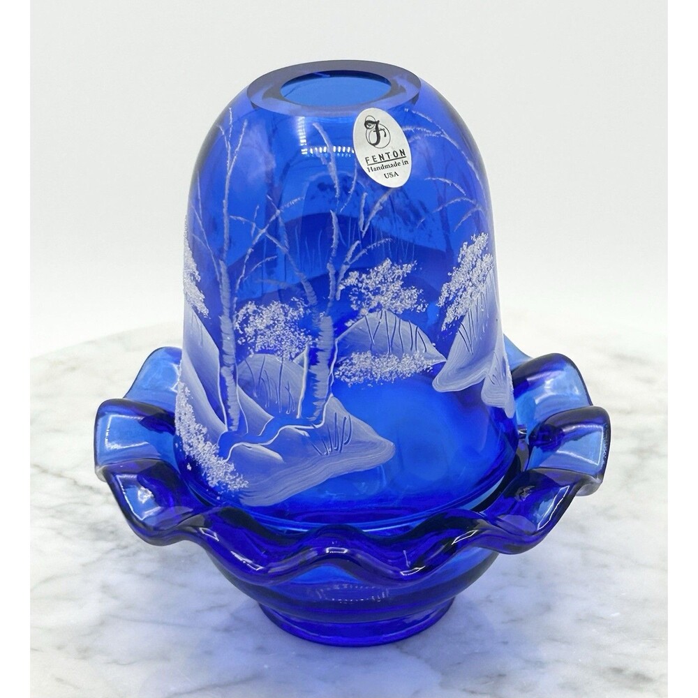 Fenton “Canaan Valley” Cobalt Fairy Lamp Signed D. Frederick